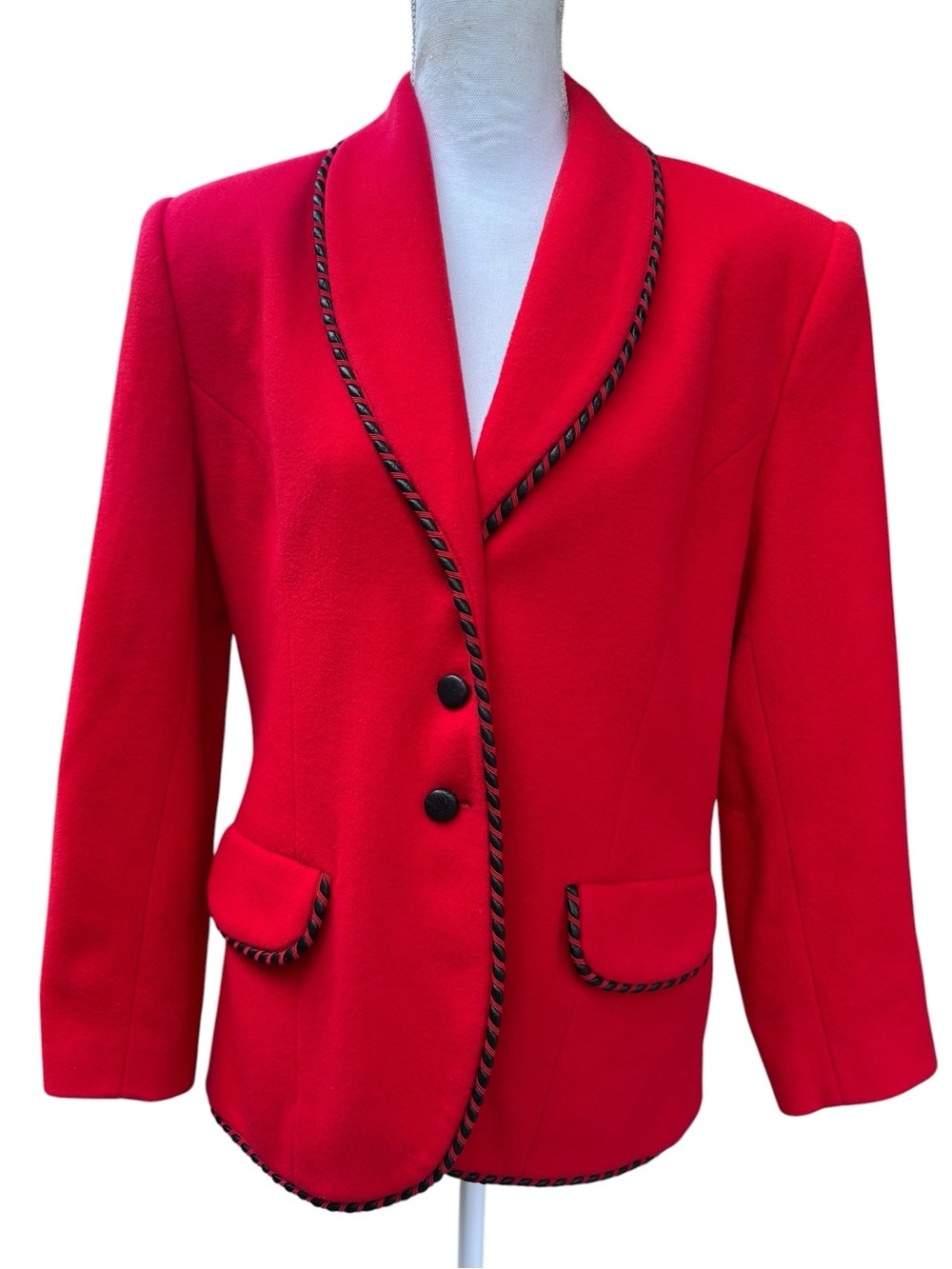 Vintage Red Wool Cashmere Blazer Jacket Black Trim Focus 2000 Charles Illech 10
